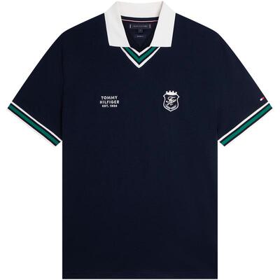 Tommy男装学院风刺绣拼色V领POLO