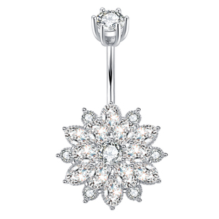肚脐钉通体纯银925大个花朵镶嵌白色锆石防过敏粗杆露脐装扣脐环