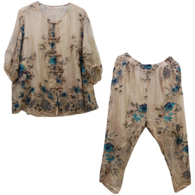 真丝套装女民族风刺绣七分袖裤子