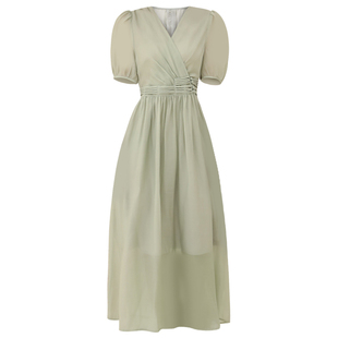 凉夏佳人！新款法式天丝长裙子夏米色V领莱赛尔冰凉气质连衣裙013