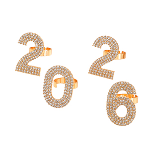 前卫夸张闪耀2026年份主题饰品跨年派对流苏镶钻数字耳环戒指套装