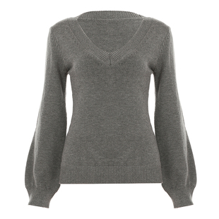 FUNOFF 美式复古灰色V领低胸毛织上衣2025秋性感纯色收腰内搭长袖