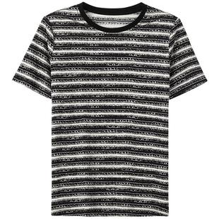 旺秋桑蚕丝T恤条纹撞色针织套头衫女圆领短袖薄款加捻真丝上衣女