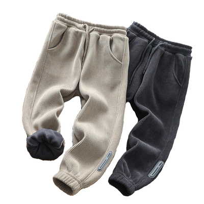 男童运动裤中大童加绒条绒卫裤2023冬季儿童一体绒休闲长裤子6303