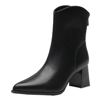 大东高跟尖头短靴女2025新款秋冬季加绒靴子粗跟法式小踝靴瘦瘦靴