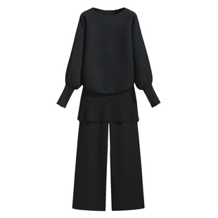 针织毛衣蝙蝠长袖屁帘叠穿阔腿裤子女2026早春新款正流行两件套装