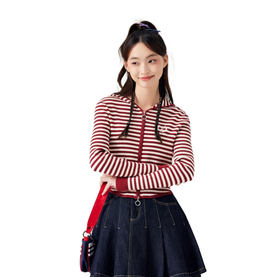 紫涵撞色条纹拉链连帽针织开衫女2024春季新款学院风修身毛衣外套