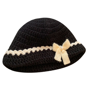 韩版小香风黑色蝴蝶结针织渔夫帽子女秋冬优雅珍珠毛线帽保暖冷帽