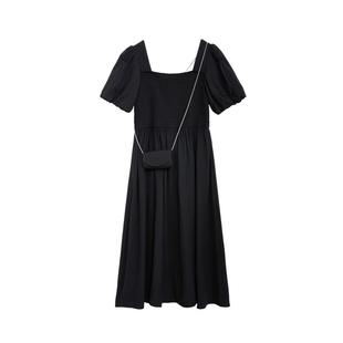 紫涵法式复古打揽连衣裙女夏季新款甜美方领灯笼袖高腰A字中长裙