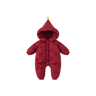 冬季羽绒服保暖童装魔法帽女宝连体衣新生儿衣服红色女童羽绒爬服