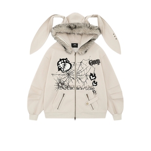 悟空有货复古亚比风兔耳朵毛绒连帽卫衣男潮牌慵懒风情侣开衫外套