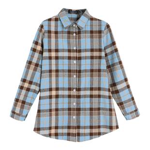 衬衣女高级感轻奢减龄洋气大码女装磨毛纯棉蓝色格子衬衫女款上衣