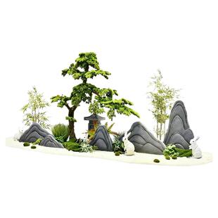 禅意中古风仿真假山石头造景酒店会所大型高级摆件装饰假绿植定制