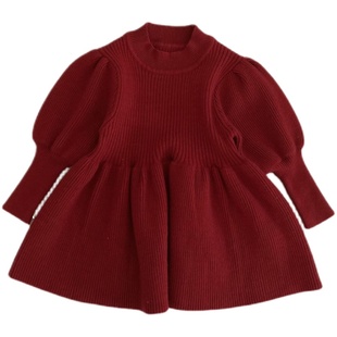 Ins韩版婴儿秋冬连衣裙女童纯色针织毛衣裙春秋宝宝灯笼袖公主裙