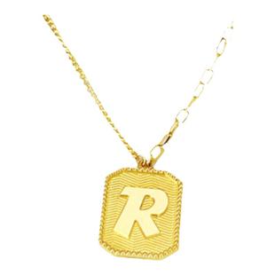 18K金任意门R字母牌项链黄金纯银巧克力方牌锁骨链礼物男女情侣款