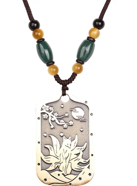 道家店铺纯黄铜九尾狐狸吊坠桃花好运项链灵狐挂件男令牌