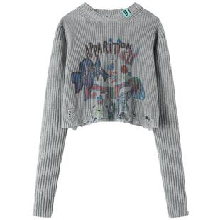 APPARITION 插画印花 手工破洞 圆领套头毛衫针织衫