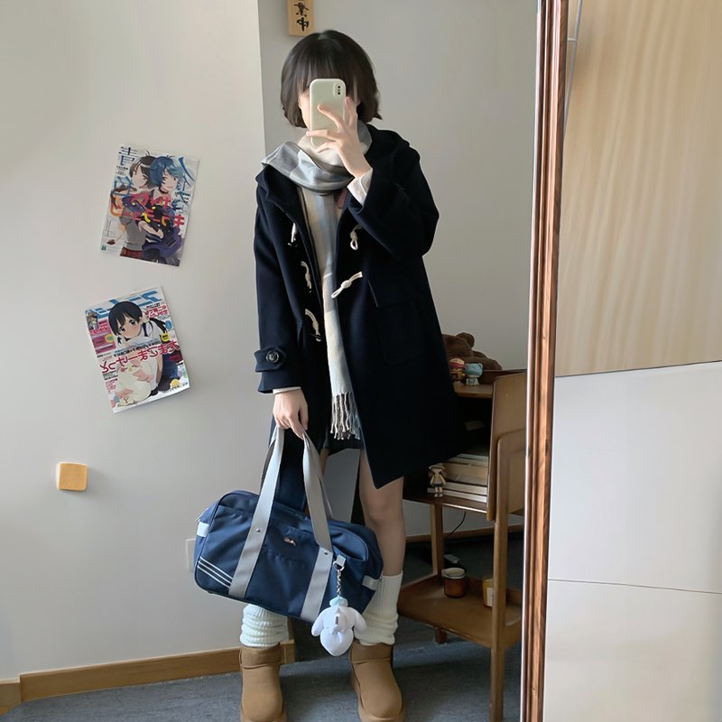 校供感JK制服牛角扣连帽毛呢大衣小个子学院风女秋冬呢子夹棉加厚