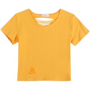 露脐t恤女破洞缕空紧身漏肚脐打底衫泫雅风短款短袖露背高腰上衣