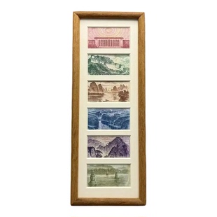 增运多金画框摆台六连框钱币字画胡桃色木质相框人民币立式装饰画