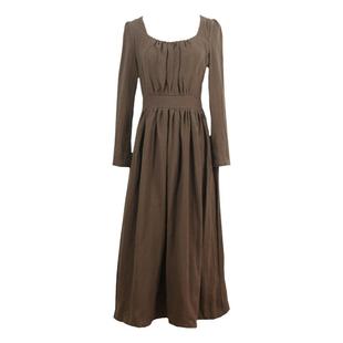 枕梦村庄维多利亚中世纪宫廷欧式复古气质亚麻高腰长袖连衣裙春秋