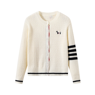 DDXZ夕子韩系减龄风衣门襟拼接色开衫三条杠圆领麻花针织衫外套女