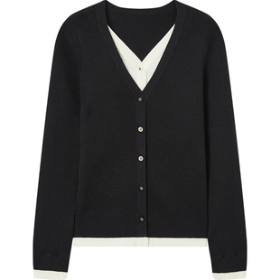 爱居兔秋季柔软亲肤撞色时尚假两件针织衫外套