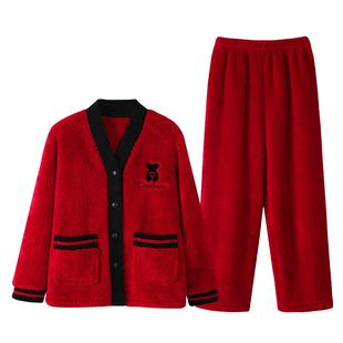 睡衣女秋冬季珊瑚绒加厚保暖红色本命年家居服法兰绒冬款加绒套装