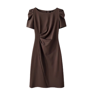 高级感包臀褶皱短款圆领连衣裙女