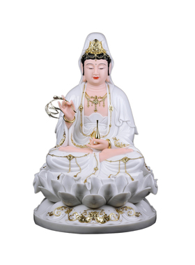 观音菩萨佛像摆件汉白玉家用供奉南海观世音菩萨坐莲娑婆三圣神像