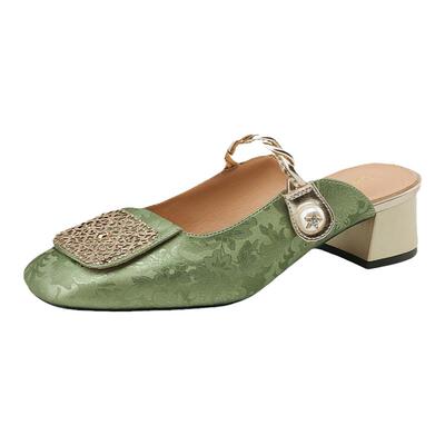 达芙妮韩版粗跟包头新中式半拖鞋