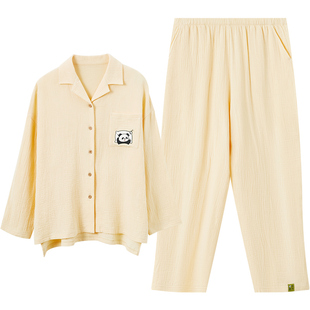 红豆纯棉睡衣女长袖长裤双层纱薄款A类泡芙纱男士新款家居服套装