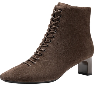 natursun复古时装靴女2025冬季系带绒面时尚气质短靴显瘦高跟靴子