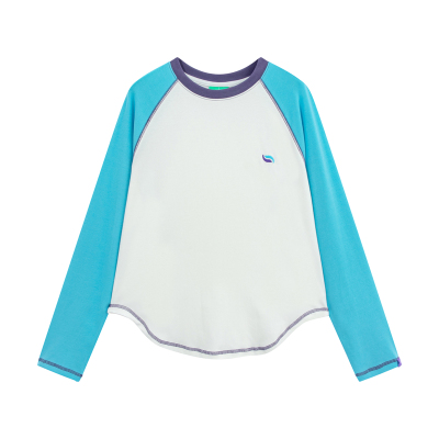 riverstone plus 圆领拼接休闲长袖T恤女刺绣撞色插肩明线打底衫