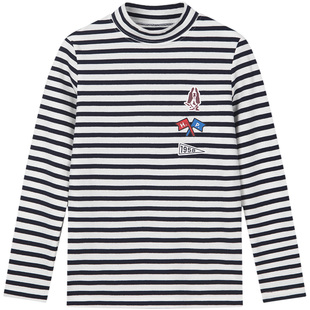 暇步士童装儿童条纹打底衫春秋新款男童高领长袖t恤女童休闲上衣