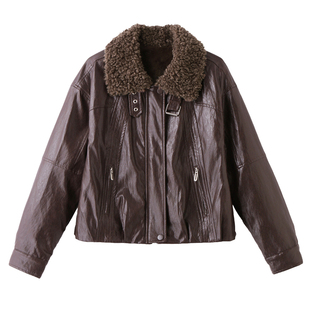 羊羔毛领皮衣女外套短款2025冬季新款加绒加厚保暖复古机车风夹克