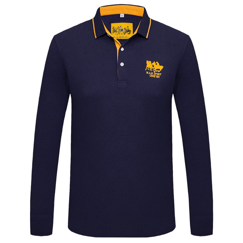 春季男装长袖T恤纯棉翻领上衣商务休闲体恤POLO衫宝蓝藏蓝深蓝色