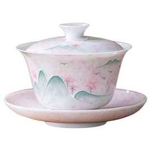 画续白瓷粉黛手绘远山三才泡茶盖碗单个功夫茶碗陶瓷中式不烫手