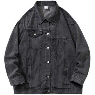 不对称工装牛仔夹克男上衣加肥加大码潮流胖子宽松外套春秋季痞帅