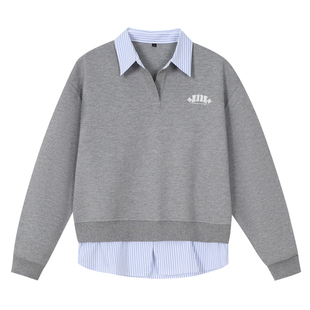 MEDM 条纹蕾丝假两件长袖POLO衫男女潮牌宽松百搭休闲翻领上衣秋