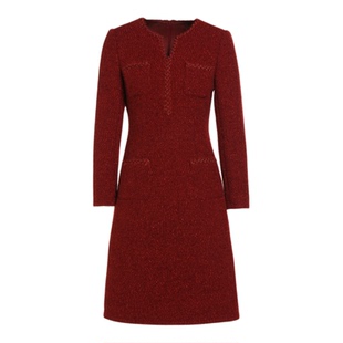 高端精致小香呢红色连衣裙女冬季2025新款宴会长裙V领气质小红裙