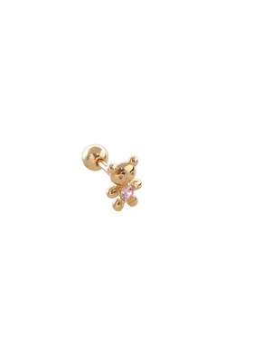 JINJEWELRY纯14K金黄金耳钉小巧粉锆小熊拧螺丝耳骨钉可爱耳饰