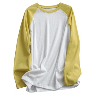 多巴胺撞色相拼宽松显瘦圆领插肩长袖通勤休闲基础百搭女T恤E531