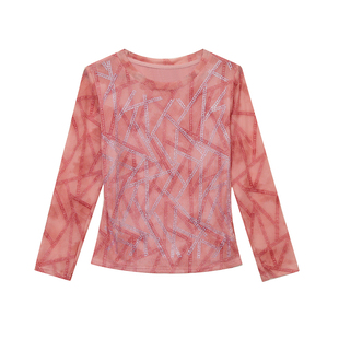 时尚减龄植绒印花打底衫女内搭秋装重工烫钻长袖T恤修身网纱上衣