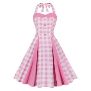 粉色格子挂脖连衣裙露背拼接收腰大摆少女夏甜美港风度假裙子夏季