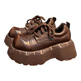 复古真皮松糕厚底小皮鞋女英伦风圆头德比鞋小个子增高加绒乐福鞋