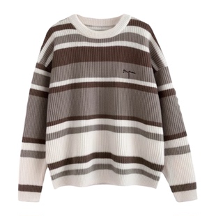 港风条纹毛衣男套装秋冬季宽松青少年慵懒学生潮流搭配一套针织衫