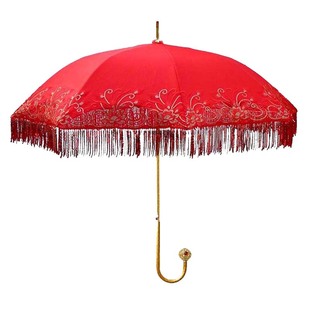 中式婚伞红雨伞婚庆出嫁结婚长柄两用伞复古蕾丝流苏新娘出门红伞