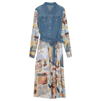 谜底牛仔拼接式连衣裙长袖春款复古主题印花长裙女241ML0105