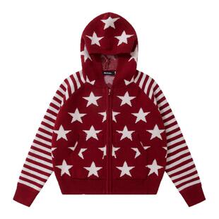 圣诞节红色五角星条纹连帽毛衣开衫女秋冬宽松慵懒软糯针织衫外套